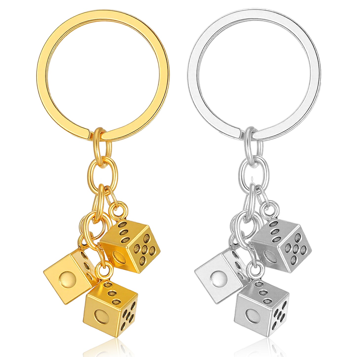 DOPENSPI 2 Pcs Metal Dice Keychain, Gold and Silver Alloy Dice Bag Charm with Key Ring, Vintage Style Purse Accessories for Men Women Keychain Gift