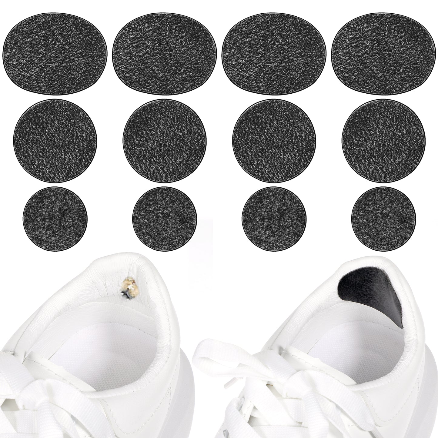 TIESOME Shoe Heel Repair Inserts, 6 Pairs 3 Types Self-Adhesive Spliced Sewn Patch Shoes Hole Shoe Patches Kit Circle Shape Shoe Heel Protector Hole Prevention Patch for Sneaker Leather Shoes(Black)