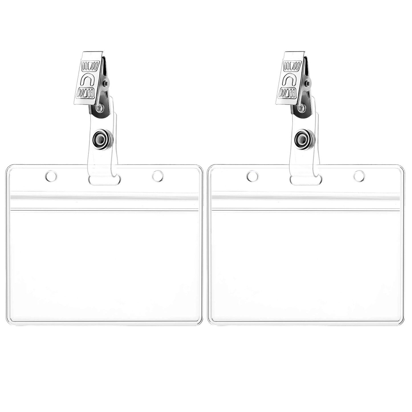 DOPENSPI Clear ID Badge Holder with Metal Badge Clips, 2 Pack Soft Plastic Badges Holders Keychain Waterproof Badges Card Sleeves Transparent Name Card Case for Nurses School Office (Horizontal)