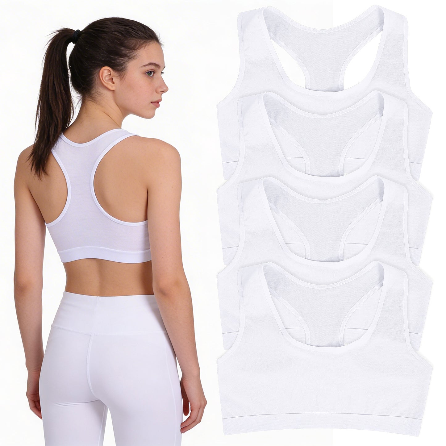 DOPENSPI 4 Pack Girls Bras, Crop Tops for Girls Soft Cotton Training Bra Non Padded Wireless Sports Bra Vest for Teens Girl White
