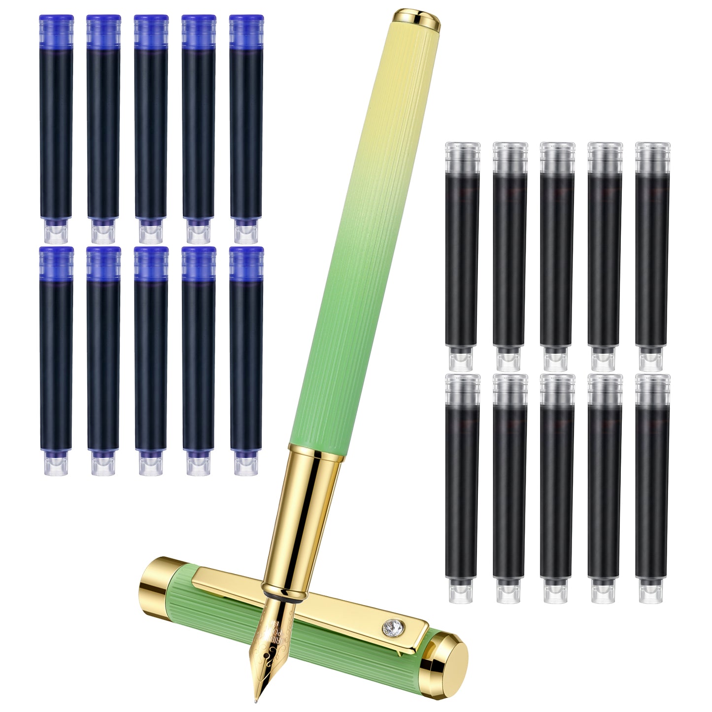WJIAAA Fountain Pen, 20 Ink Cartridges, 0.5mm Fine Nib luxury Calligraphy Pen Smooth Writing with 10 Black and 10 Blue Ink Refills for Office School Writing Supplies (Vertical Stripe Gradient)