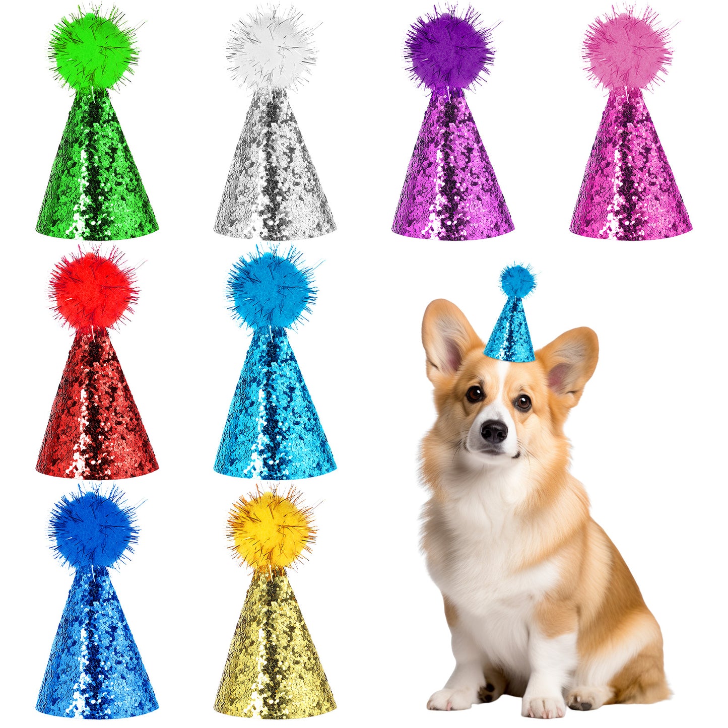 BOHUIZ 8 Pcs Mini Party Hats for Stuffed Animals, Glitter Mini Small Dog Hats Cat Birthday Party Hat Adjustable Headbands Stuffed Animals Birthday Hats for Holiday Puppy Kitten Costume Accessories