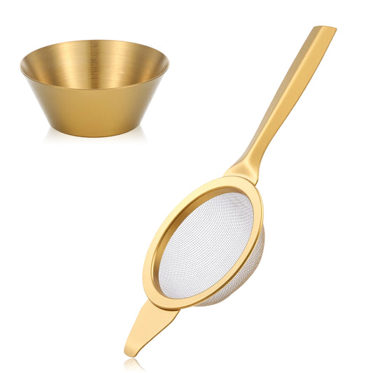 TIESOME 2.2" Gold Matcha Sifter Strainer, 30 Fine Mesh Mini Strainer for Tea with Handle and Base Stainless Steel Small Tea Strainer for Loose Coffee Cocktail with Base