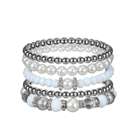 Molain 5 Pcs Beaded Stretch Bracelets for Women, Stackable Bracelets Crystal Bead Bracelet Boho Beaded Bracelets Stretch Layering Beaded Bracelets Gifts for Women (White)