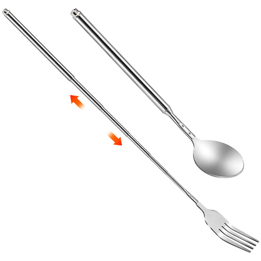 Molain 2 Pcs Extendable Fork and Spoon Set, Telescopic Stainless Steel Tableware Telescopic Spoon Long Telescoping Fork Retractable to 25 Inch for BBQ Dinner Fruit Dessert Portable Gift