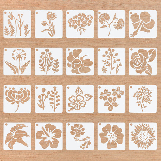JIEYAO 20 PCS Reusable Flower Stencils for Painting, 3 Inch Floral Templates Drawing Crafts Stencil for Wood Walls Scrapbook Canvas Fabric DIY Crafts