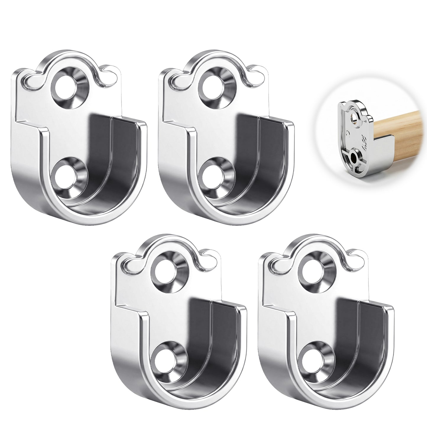 Molain 4 Pcs Wardrobe Rail Bracket, 19mm Diameter U-Shaped Closet Rod Holder Flange Pole End Supports with Screws Silver Rail Brackets and Fittings for Wardrobe and Bathroom Shower Curtain Rod