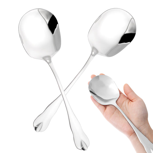 JIYIN 2 Pcs Large Stainless Steel Soup Spoons, Silver Square Head Design Serving Spoons, 8'' Long Handle Big Tablespoon for Ramen Dumplings Ice Cream Dessert, Restaurant Tableware