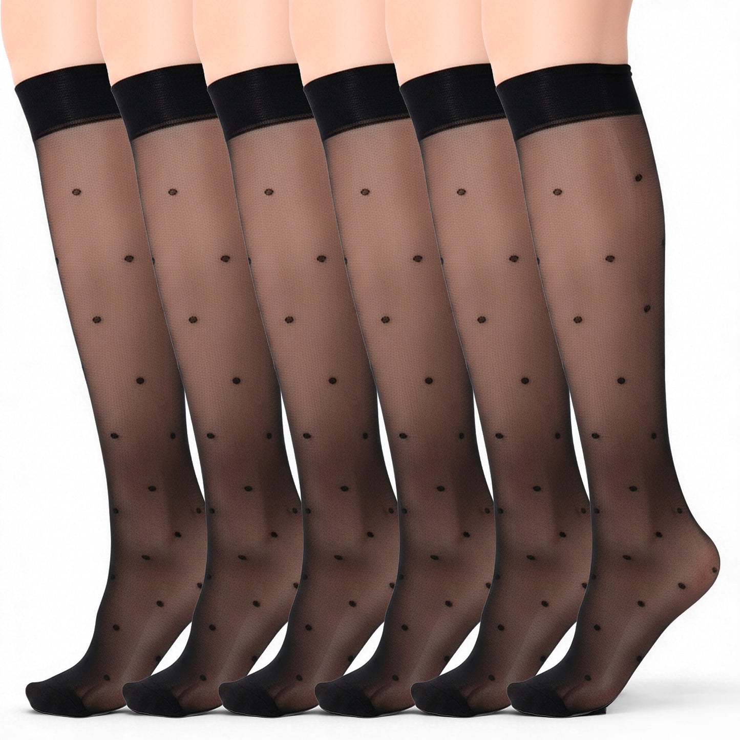 XLIUAX 6 Pairs Sheer Knee High Stocks, Black Dot Sheer Thin Socks Stretchy Fishnet Mesh Lace for Women Girl