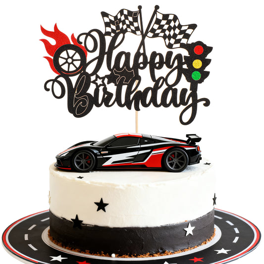 MBAIYO 1Pcs Race Car Happy Birthday Cake Topper, Glitter Traffic Light Trophy Flag Car Cake Topper Race Cars Checkered Flag Theme Decorations for Boys Girls Birthday Party