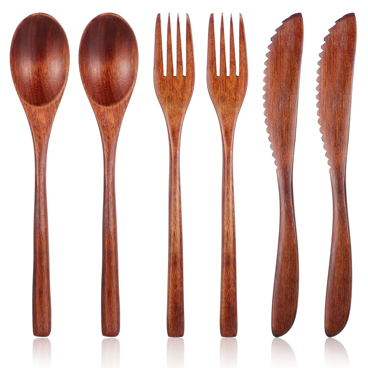 DOPENSPI 6PCS Wooden Utensils for Eating, Nanmu Wooden Tableware Reusable Wood Spoons Forks Scraper Wood Utensil Set Flatware Tableware Cutlery Set for Daily Use Family Home Travel Camping
