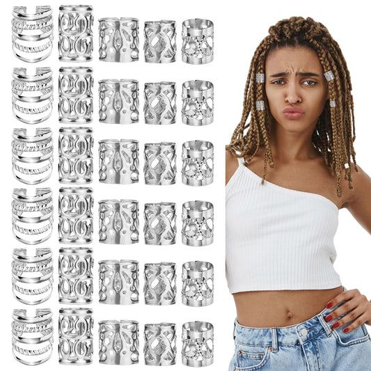 BOHUIZ 100 Pcs Silver Hair Jewelry for Braids, Loc Jewelry for Hair Dreadlock, Hair Charms for Women, Metal Silver Braids Rings Cuffs Clips for Dreadlock Accessories Hair Braids Jewelry Decoration