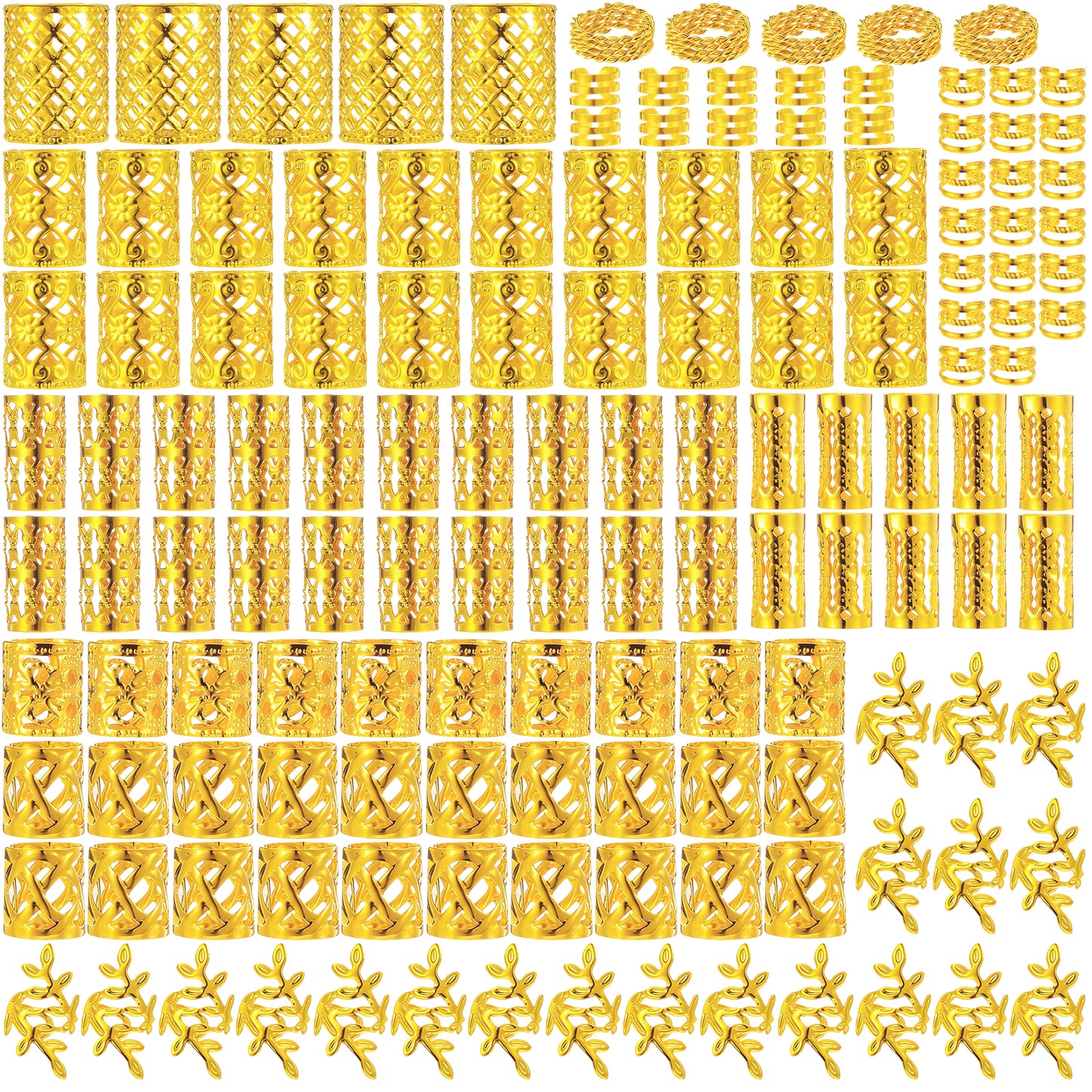 JJUNW 130Pcs Gold Dreadlock Beads Locs Accessories, Hair-Dreadlock Accessory Braid, Jewelry For Braids Adjustable Cuffs Braiding Hair Rings for Dreadlock Accessory Jewelry Decorations(Gold)