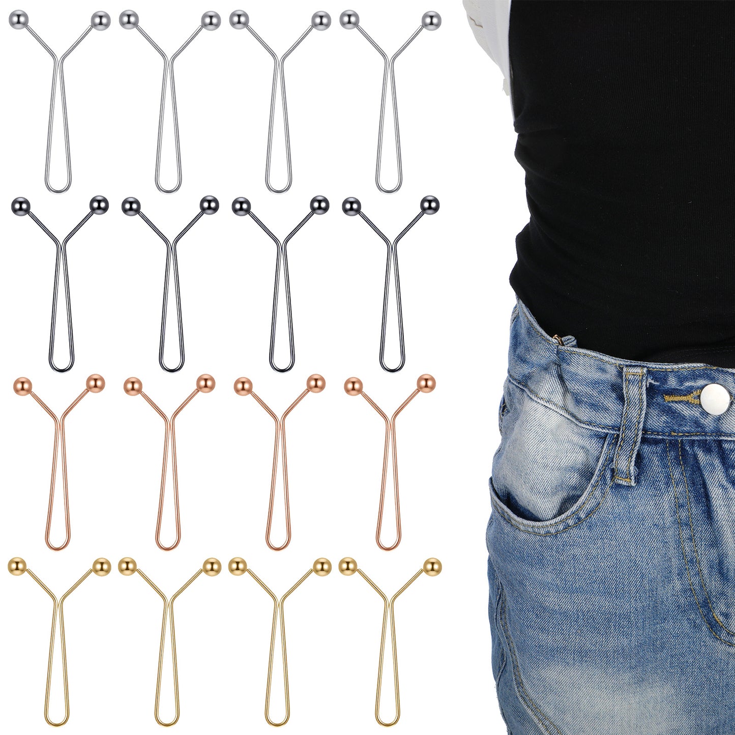 LXUEJIE 16 Pcs Pant Waist Tightener Buttons Pins, Removable Buttons No Need to Sew Detachable Button Pins Reusable Waist Cincher Clip Metal Brooch for Pants Jeans Skirts