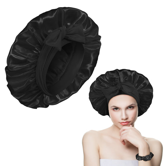 JIYIN 2pcs Adjustable Satin Bonnet for Women, Double Layer Silk Bonnet for Sleeping, Soft Hair Bonnet for Sleeping with Tie Band, Comfortable Silk Hair Bonnets for Curly Hair Braids(Black)