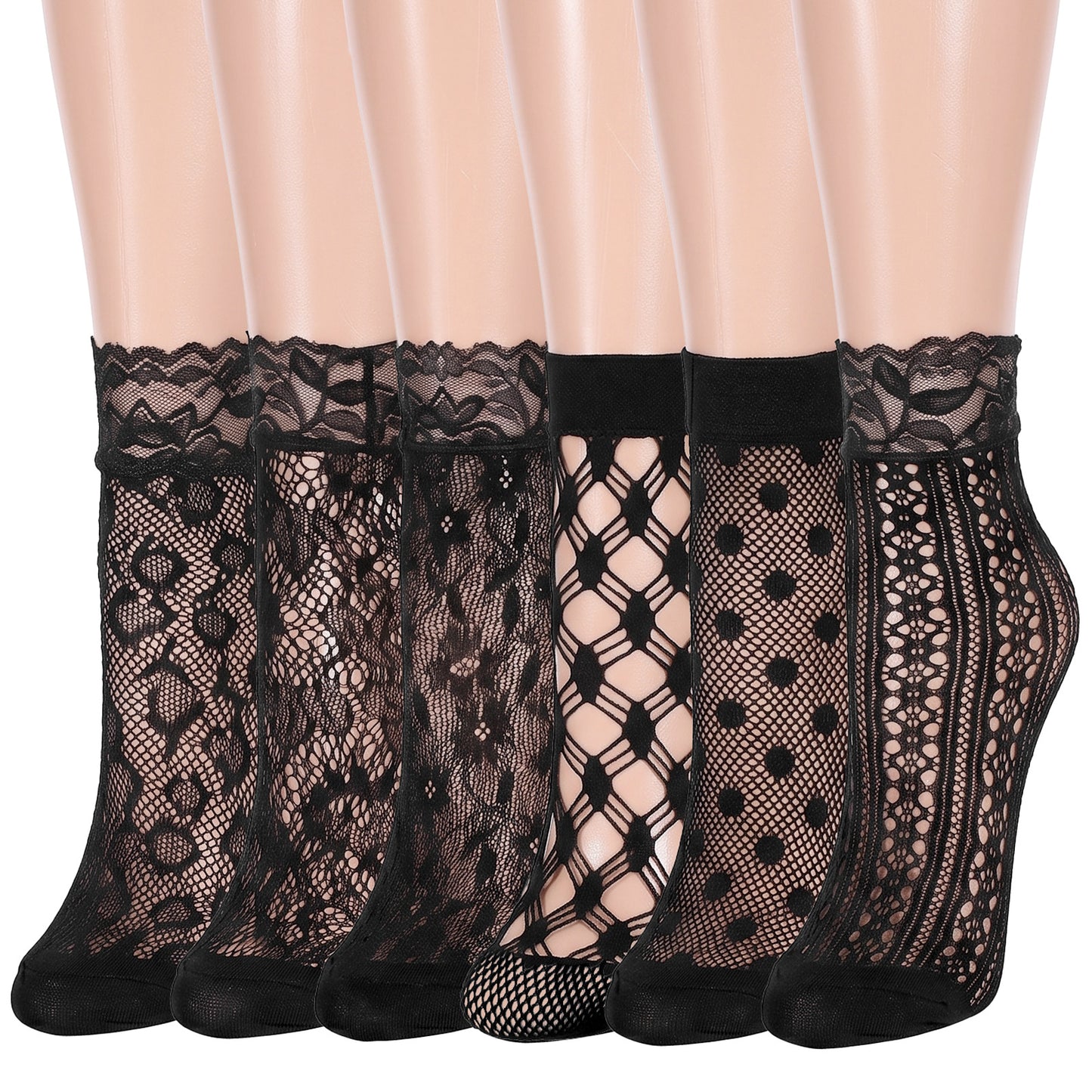 XLIUAX 6 Pairs Lace Socks Women, Lace Ankle Socks Sheer Fishnet Thin Nylon Sock Hollow Mesh Sock, Black