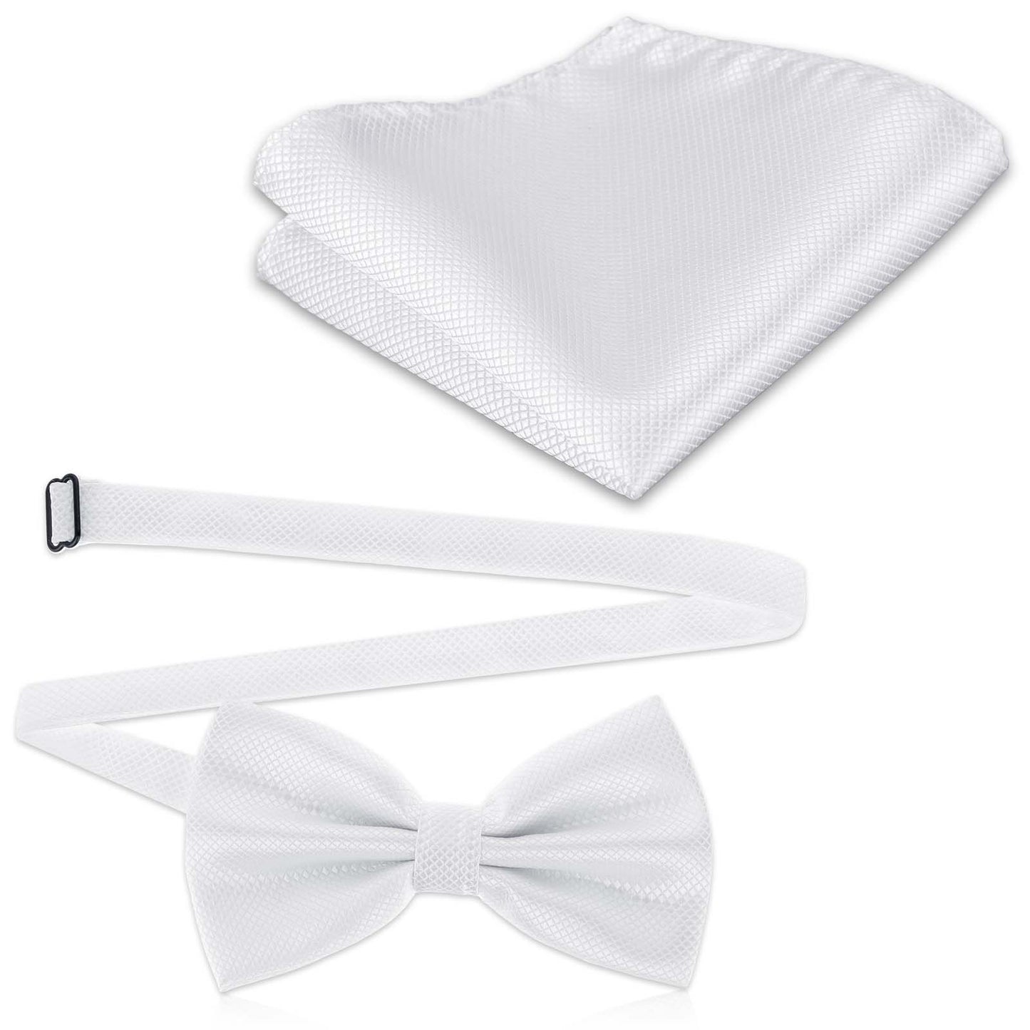 Molain Mens Solid Color Paisley Bow Tie Handkerchief Adjustable Pre-Tied Bowties Pocket Square Set Double Fold Pre-tied Bow Tie(White)