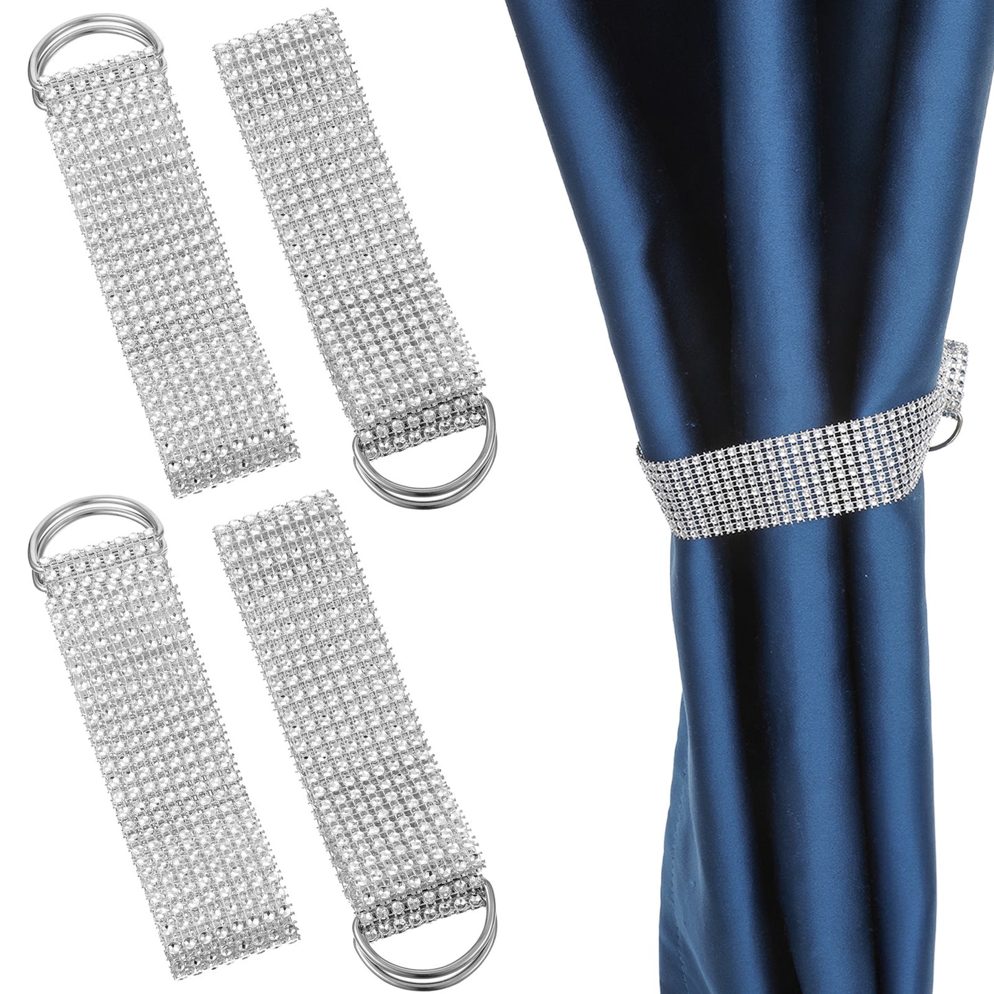XLIUAX 4 Pack Curtain Tie Backs, Rhinestone Curtain Tie Curtains Holdback Decorative Silver Rhinestone Ribbon with Two D Rings for Home Office Window Drapery Thin Convenient Drape Holdbacks