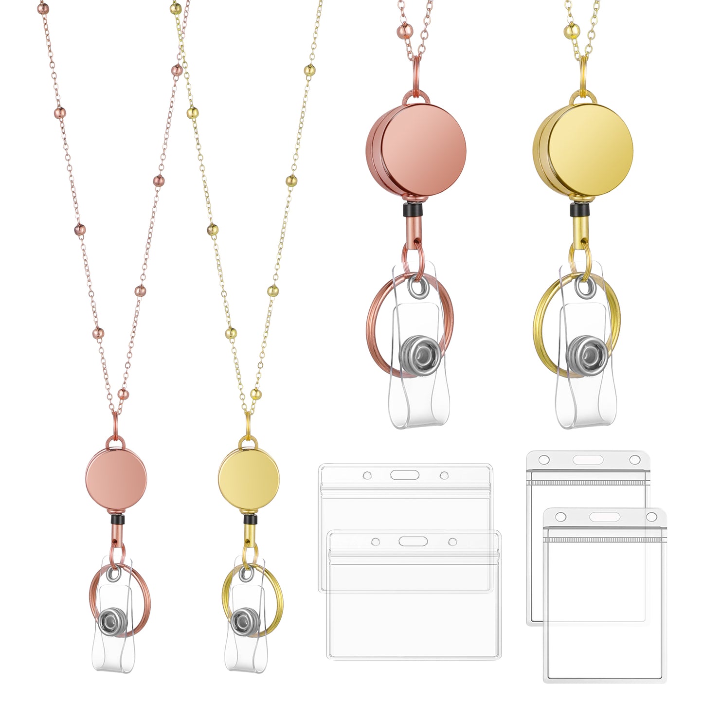 6 Pcs/Set Retractable Badge Reel Lanyard with ID Holder, Stainless Steel Necklace Lanyard with Transparent ID Card Holder and Keychain, Badge Holders with Lanyard for Women Teachers Nurse Students