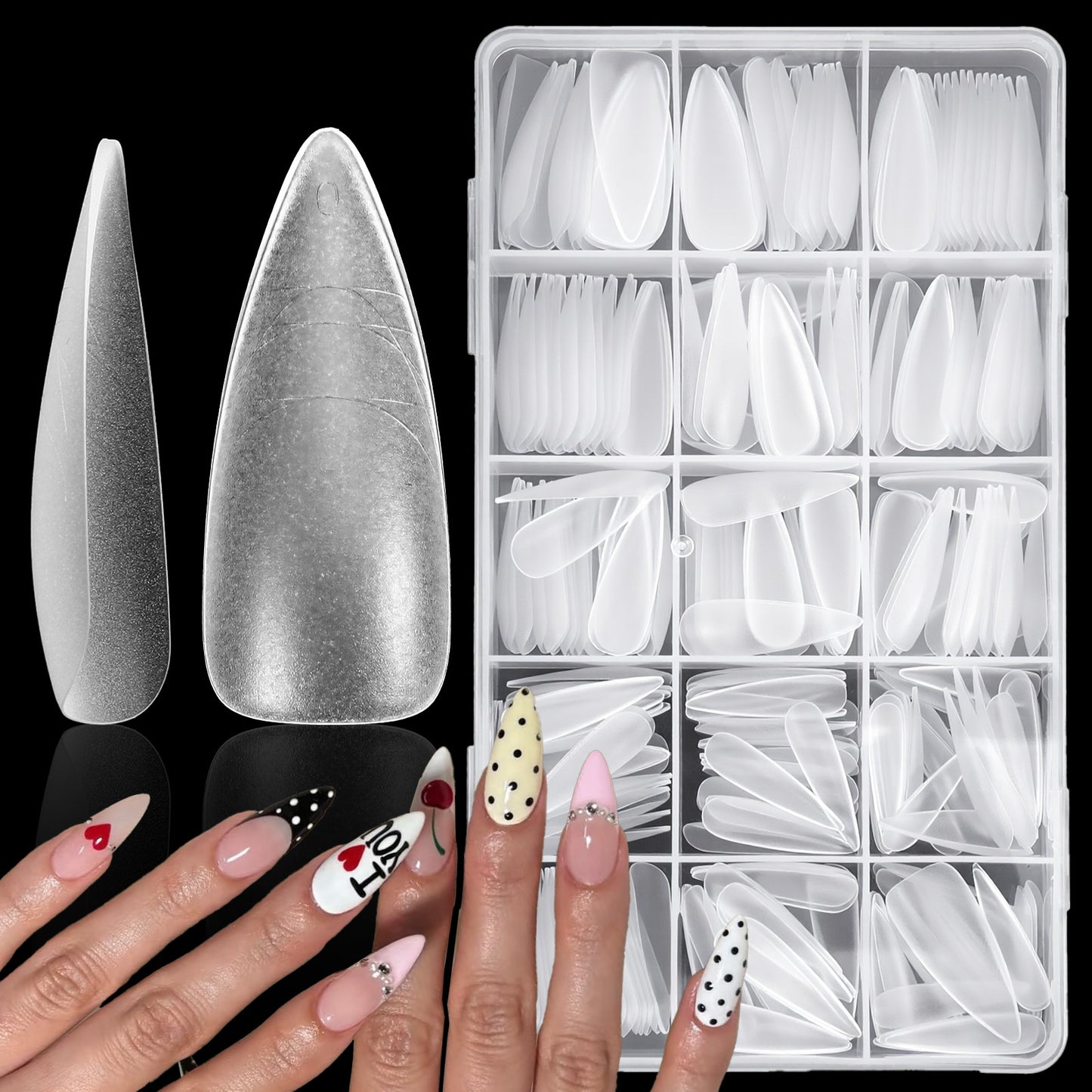 TIESOME Full Cover Stiletto Gel Nail Tips, 300PCS Pre-Shaped Clear Almond False Nails, 12 Sizes ABS Material for Home Salon DIY Art