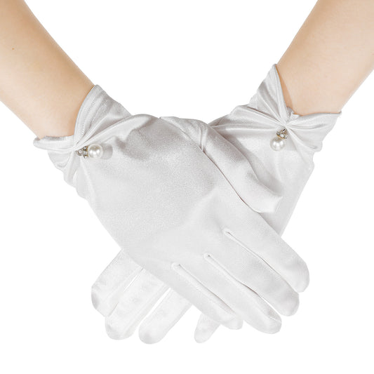 LXUEJIE White Short Gloves for Women, Bridal Short Gloves, White Satin Opera Glove Women's Pearl Wedding Glove 1920s for Wedding Opera Dinner Party Tea Party