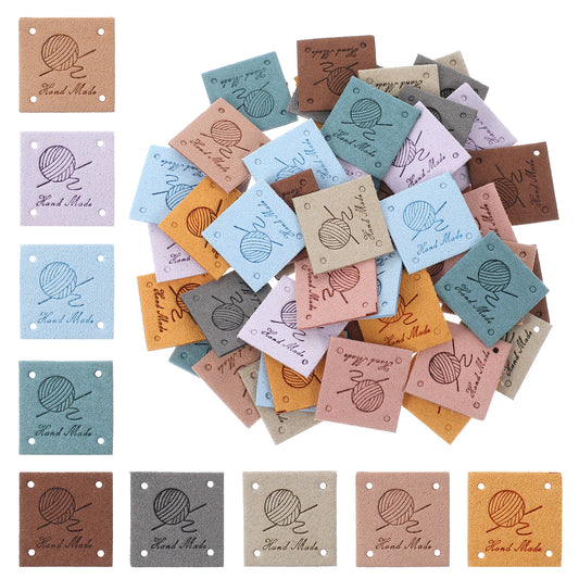 HJZHII 54Pcs Leather Handmade Label, Leather Tags for Handmade Items with Holes Colorful Handmade Embossed Tag Embellishment Knit DIY Sewing Accessories for Jeans Bag Shoes Hat Clothes