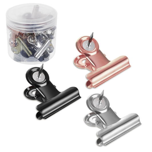 Molain 15 Pcs 30 mm Push Pins Clips,5 Black+5 Silver +5 Rose Gold Bulldog Clips, Metal Thumb Tacks,Creative Paper Clips with Tack for Bulletin Board Cork Board and Photo Wall, Home and Office Supplies