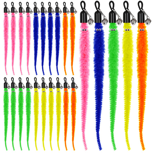 MBAIYO 25 Pcs Cat Worm Toy Replacement Teaser with Bell, Colorful Fuzzy Worms Interactive Cat Wand Attachment Toys Cats Wand Toys for Indoor Cats Kitten Play Exercise