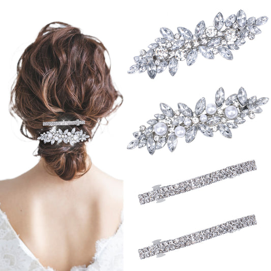 JIYIN 4PCS Sparkly Rhinestone Hair Clip, Silver Hair Clips for Women Flower Hair Barrettes Fancy Wedding Hair Clips Silver Crystal Ponytail Holder Decorative Hair Accessories for Bride Women