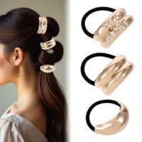 JIYIN Metal Hair Tie Ponytail Hair Cuff, 3Pcs Gold Metal Double Arch Elastic Hair Ties for Women, Retro Metal Geometric Elastic Hair Band Gold Hair Cuffs for Ponytails for Women Thick Hair(KC Gold)