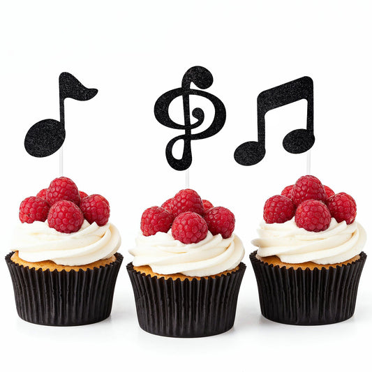 LXUEJIE 30 Pcs Music Notes Cupcake Toppers, Glitter Music Notes Cake Decorations Black Musical Cake Topper Glitter Musical Symbol Cupcake Picks for Birthday Party Rock Musics Concerts Themed Parties
