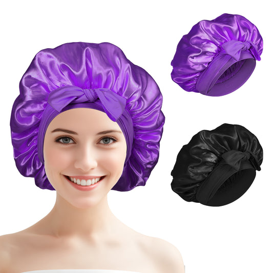 JIYIN 2PCS Satin Bonnet for Sleeping Women, Silk Hair Bonnet for Women with Tie Band, Silk Sleep Caps for Curly Hair(Black+Purple)