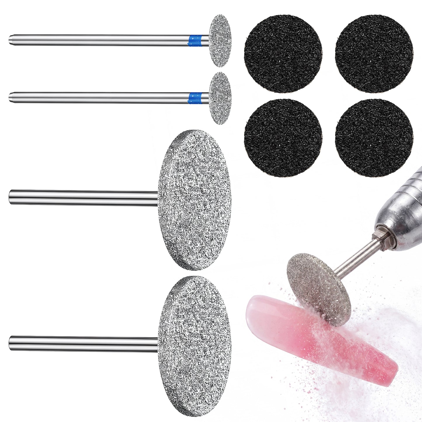 SULIKJHUI 4 Pcs Drill Bits for Nails, Diamond & Stainless Steel Nail Drills Bits Set with 4 Replaceable Sandpapers, Flat Nail Drill Bit for Electric Foot Files, Hard Skin & Callus Removal (Silver)