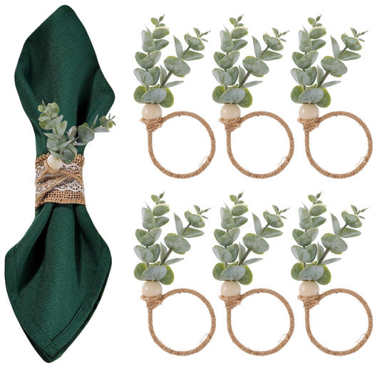 HJZHII 6 Pcs Rustic Farmhouse Napkin Rings, Green Boho Leaf Napkin Rings Eucalyptus Wooden Bead Napkin Rings Holder for Spring Fall Family Banquet Easter Thanksgiving Christmas Wedding Table Decor