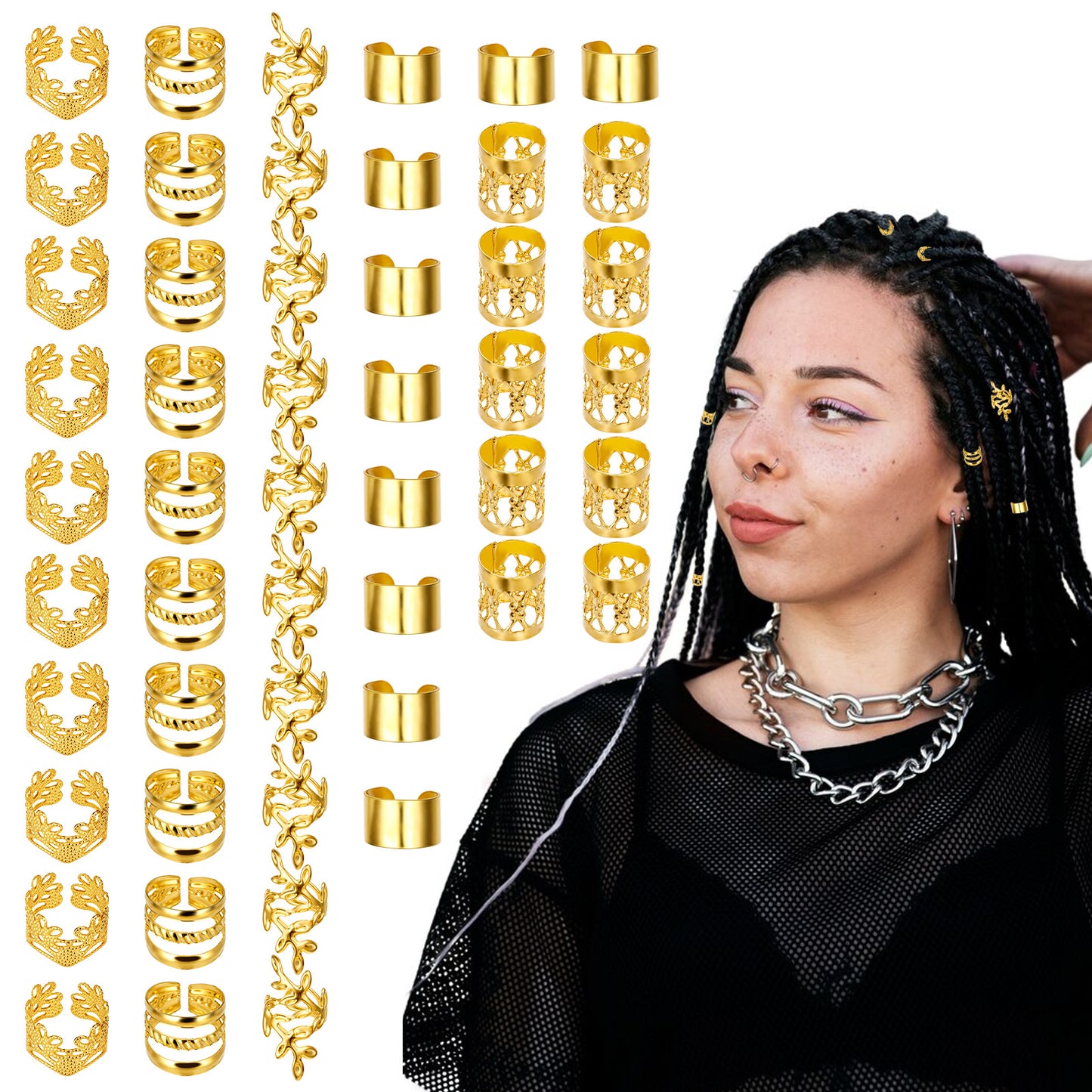 BOHUIZ 50PCS Gold Hair Jewelry for Braids Accessories Loc Jewelry for Hair Dreadlocks Adjustable Hair Rings Hair Cuff Hair Charms Braid Jewelry Hair Beads Decorations for Men Women(Gold)