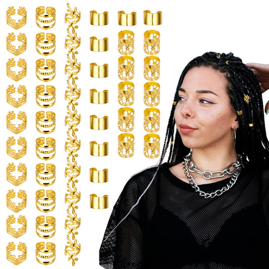 BOHUIZ 50PCS Gold Hair Jewelry for Braids Accessories Loc Jewelry for Hair Dreadlocks Adjustable Hair Rings Hair Cuff Hair Charms Braid Jewelry Hair Beads Decorations for Men Women(Gold)