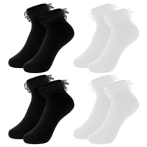Molain 4 Pairs of Ruffle Socks Women, Lace Ruffle Turn-Cuff Casual Cute Girl Ruffle Socks Cotton Breathable Ruffle Ankle Socks White and Black(2Black and 2White)