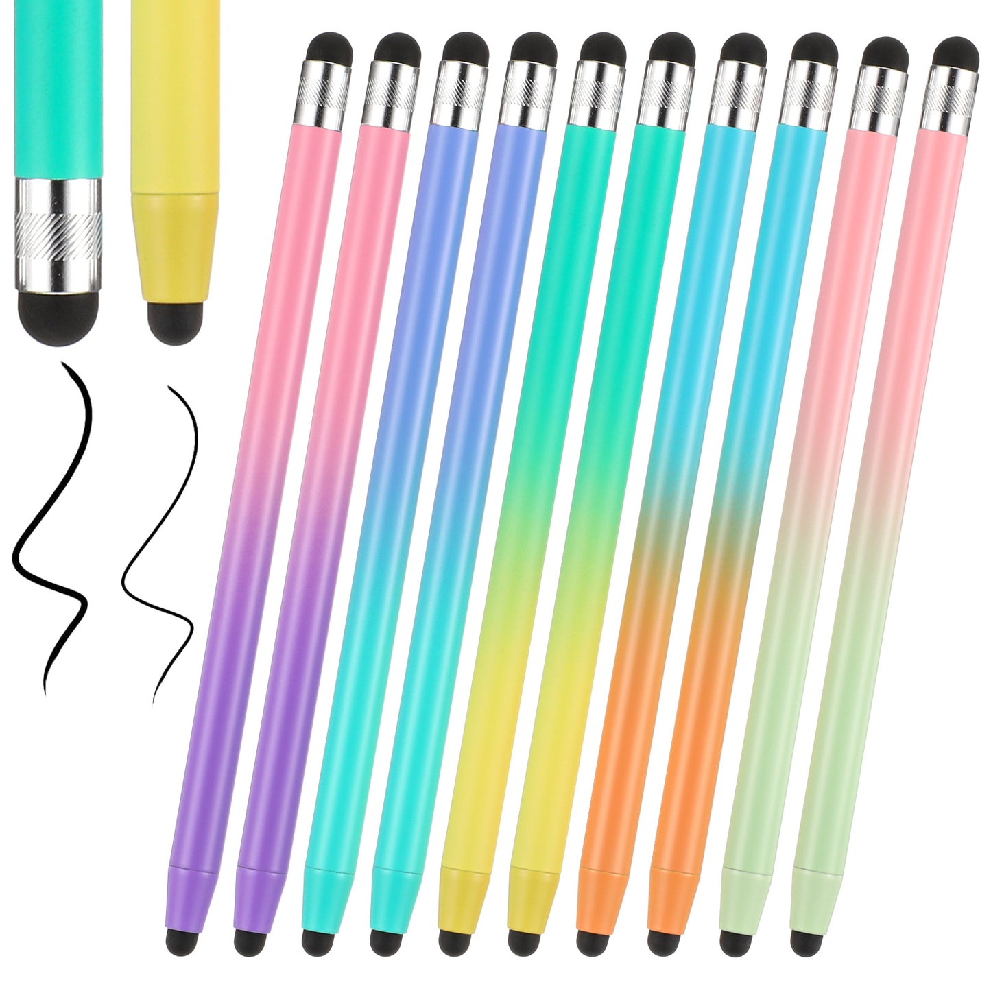 HJZHII Stylus Pens for Touchscreen, 2-in-1 Tablet Pen High Precision Sensitivity Stylus Pen Compatible with All Capacitive Touch Screen Smartphones, Gradient Color, Fine Point(10pcs, Multicolor)