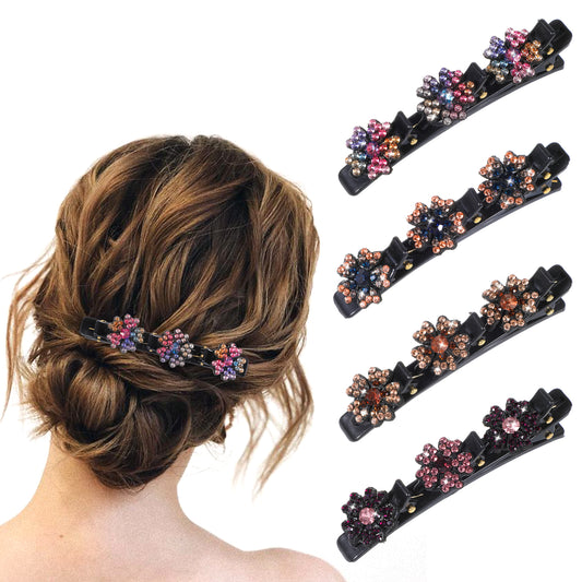 HJZHII 4pcs Sparkling Crystal Stone Braided Hair Clips, Flower Braided Small Rhinestone Hair Clips Hair Braid Clips Duck Bill Clips Shiny Elegant Hair Styling Clips for Women Girls(Pattern A)