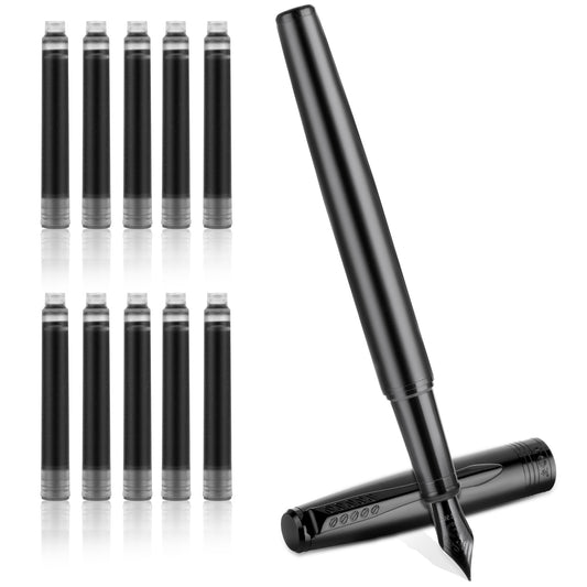 Andibro Black Metal Fountain Pen, 0.5mm Fine Nib Fountain Pen with 10 Pcs 2.6mm Black Ink Cartridges Smooth Writing Fountain Pens Gift for Business Calligraphy Office Journaling Men Women