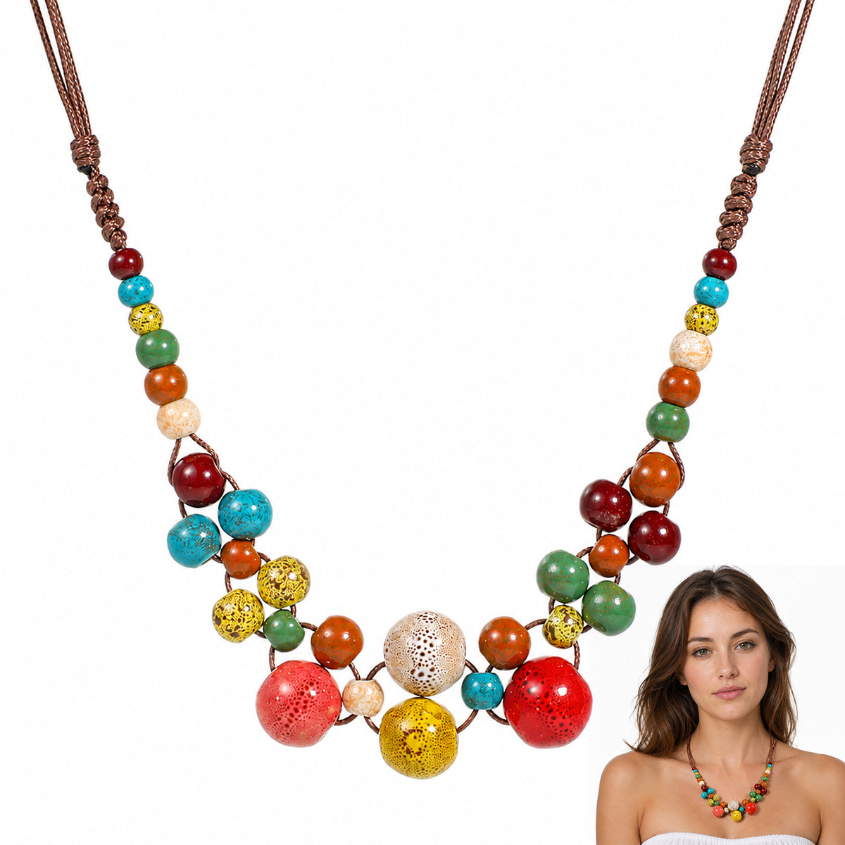 SULIKJHUI Boho Hippie Ceramic Beaded Necklace, Adjustable Beaded for Women