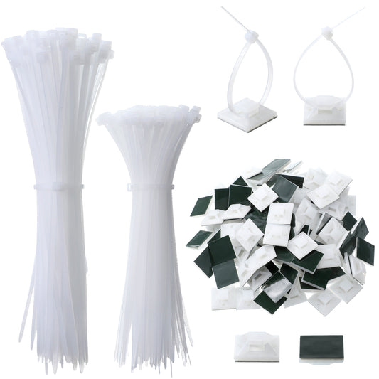 cobee 300 Pcs White Cable Ties Set, Self Adhesive Cable Zip Tie Mounts Set Cables Management Clips with Zip Tie 100 Pcs Each of 120mm/150mm Cables Ties and 100Pcs Self Adhesive Mounting Base