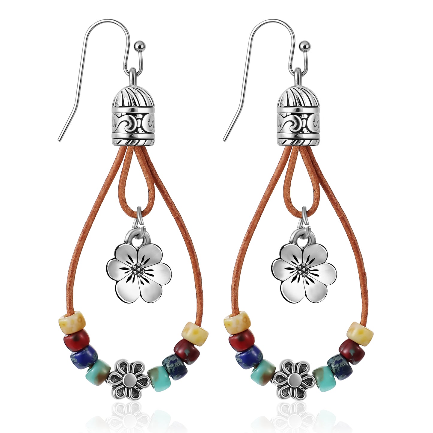 HJZHII Boho Earrings for Women, Ethnic Style Vintage Dangle Drop Earrings Handmade Bohemian Hollow Out Earrings with Nature Stone and Flower Western Country Boho Chic Hippie Statement Jewelry Gift