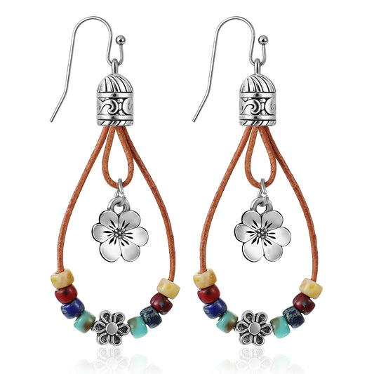 HJZHII Boho Earrings for Women, Ethnic Style Vintage Dangle Drop Earrings Handmade Bohemian Hollow Out Earrings with Nature Stone and Flower Western Country Boho Chic Hippie Statement Jewelry Gift