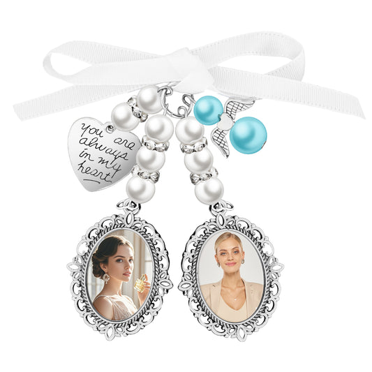 Giantree Wedding Bouquet Photo Charm, Bridal Bouquet Photo Charms for Wedding Memory Bow Pearl Charm, Personalized Memorial Photo Pendant Oval Angel Charm for Wedding Party(Double)