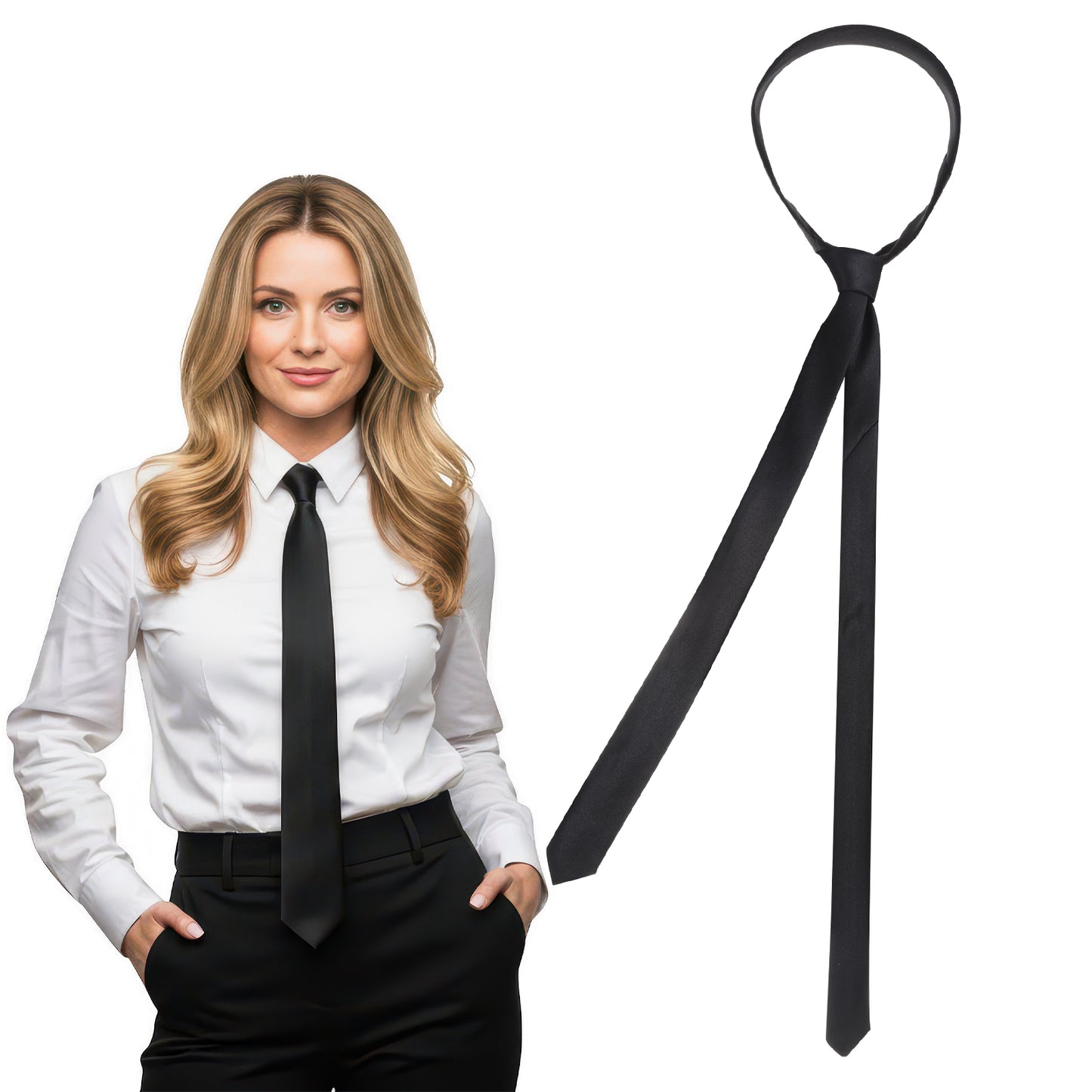 SULIKJHUI Black Skinny Tie for Women and Men, Adjustable Zipper Skinny Tie, Solid Color Satin Ties for Wedding & Business (Black, 57.08 x 1.06-1.57 In)