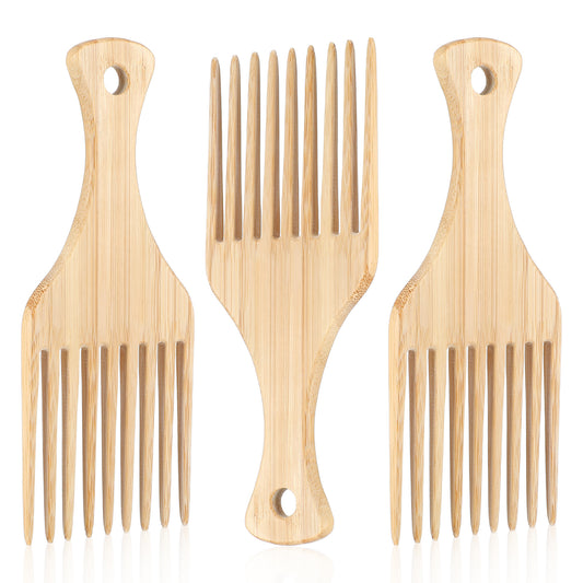 AOZUO 3 PCS Afro Hair Pick Comb, Wood Wide Tooth Comb for Curly Hair Detangling Lifting Comb for Women and Men Hair Styling Hairdressing Tool for Long Curly Thick Hair Wigs Beards