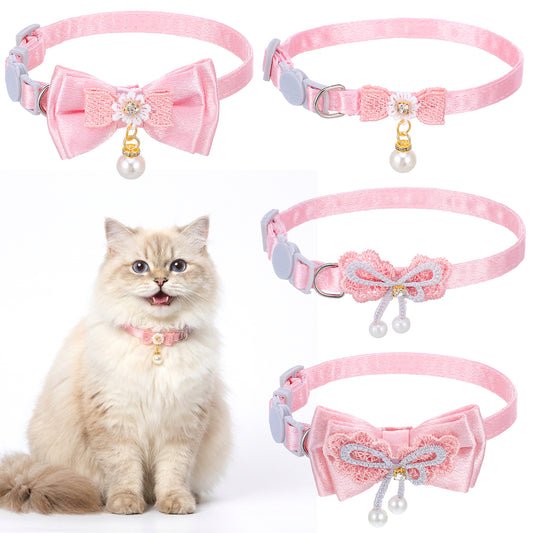 Jeffdad 4 PCS Cute Pearl Cat Collar with Bow, for Girl Cats Pink Cat Bows & Accessories Breakaway Safety Cat Bowtie Collar
