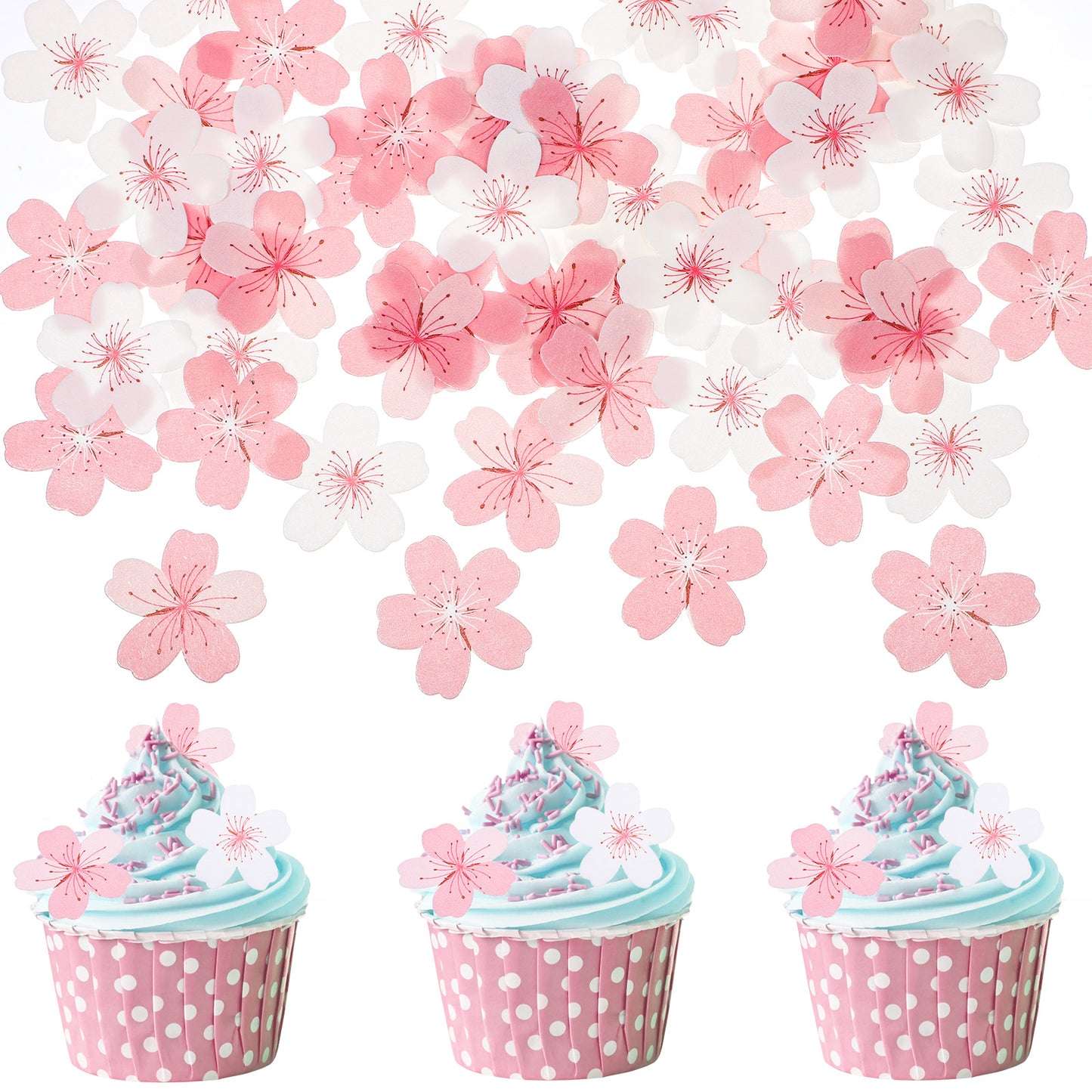 AOZUO 60pcs Edible Cherry Blossom Cupcake Toppers, White and Pink Wafer Paper Flowers Cake Toppers for Birthday Christmas Holiday Party Wedding Cake Decoration Supplies