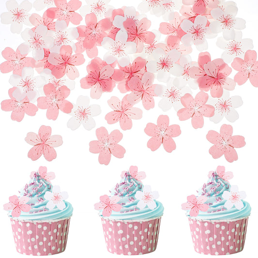 AOZUO 60pcs Edible Cherry Blossom Cupcake Toppers, White and Pink Wafer Paper Flowers Cake Toppers for Birthday Christmas Holiday Party Wedding Cake Decoration Supplies